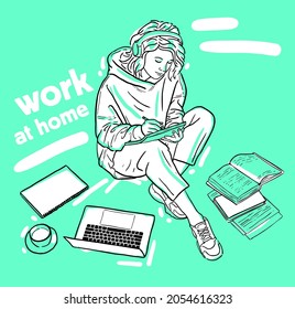teenage girl in headphones with a laptop is being trained vector graphics