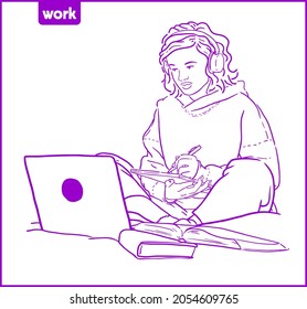 teenage girl in headphones with a laptop and a notebook is being trained online vector graphics