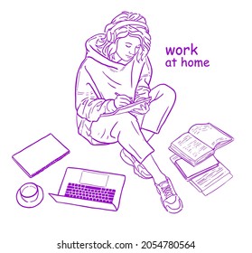 teenage girl in headphones with laptop and notepad working at home vector graphics