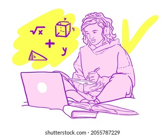 teenage girl in headphones with laptop and notepad is being trained vector graphics