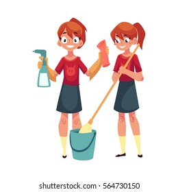 Teenage girl helping to clean house, washing floors, holding cloth and sprinkler, cartoon vector illustration isolated on white background. Girl cleaning home with mop and water, cloth and sprinkler