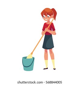 Teenage girl helping to clean the house, washing floors with a mop, cartoon vector illustration isolated on white background. Girl cleaning home with mop and water