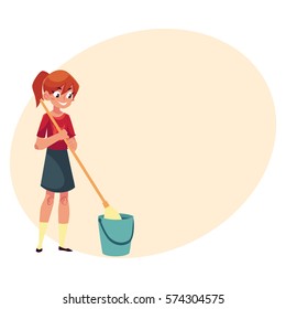 Teenage girl helping to clean the house, washing floors with a mop, cartoon vector illustration with place for text. Girl cleaning home with mop and water