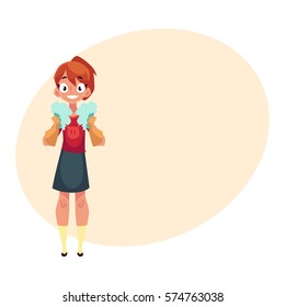 Teenage girl helping to clean the house, holding two foam sponges, cartoon vector illustration with place for text. Girl cleaning home in rubber gloves with two foam sponges