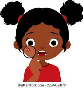 A teenage girl and her problematic skin. African American woman looking at a pimple through a magnifying glass. Vector cartoon illustration