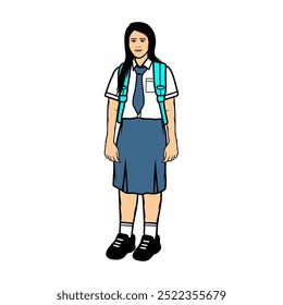 teenage girl high school gray-white uniform carrying blue bag cartoon vector illustration