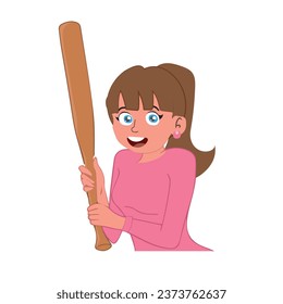 Teenage girl holding baseball bat, girl plays baseball. Vector illustration svg