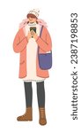 Teenage girl holding a coffee cup wearing casual winter apparel, hoodie wool coat, sweater dress, boots and wool hat with bag. Flat vector illustration isolated on white background