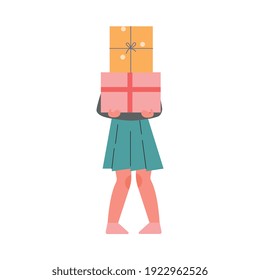 Teenage Girl Holding Huge Present Boxes, Girl Celebrating Holiday Event, Birthday Cartoon Vector Illustration