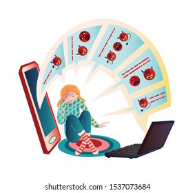 Teenage girl was hunched over, covered her face with her hand, cried. From all sides, angry chat messages poke her. Concept: trolling in social networks. Isolated image on a white background. Vector