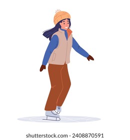 Teenage girl ice skating, winter sport activity, flat vector illustration isolated on white background. Young girl in warm clothes on holiday, weekend on ice rink, winter vacation, outdoor activity