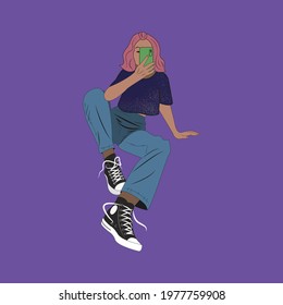 A teenage girl in jeans and a T-shirt sits on the floor and takes a selfie. The picture can be used for blog decoration or print in vector format. You can change colors also.