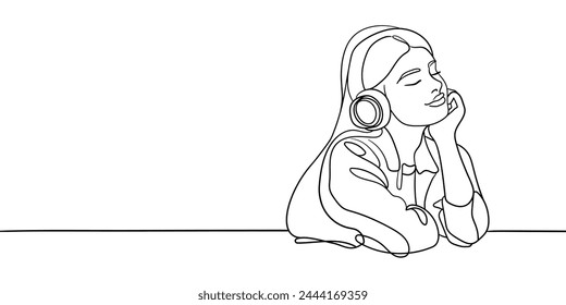 Teenage girl listening to music continuous line art drawing isolated on white background. Vector illustration