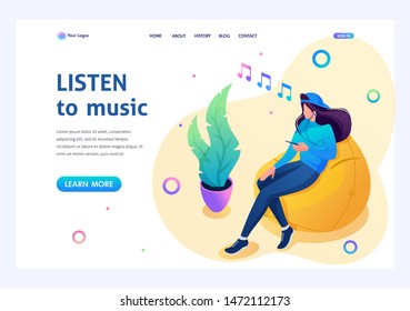 Teenage girl listens to music on her smartphone and uses a social network. 3d isometric. Landing page concepts and web design