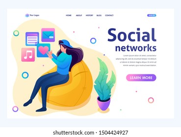 Teenage girl listens to music on her smartphone and uses a social network. Flat 2D character. Landing page concepts and web design