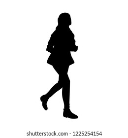 Teenage girl with long hair running. Black silhouette isolated on white background. Concept. Vector illustration of girl runner in streetwear. Stencil. Monochrome minimalism.