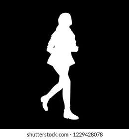 Teenage girl with long hair running. White silhouette isolated on black background. Concept. Vector illustration of girl runner in streetwear. Stencil. Monochrome minimalism.