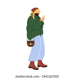 Teenage girl looking at the phone without stopping, wearing a green jacket and bright red bots.Vector illustration, cartoon, isolated flat.