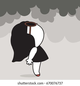 Teenage Girl Looking Up At Rain Gray Clouds Background Concept Card Character illustration