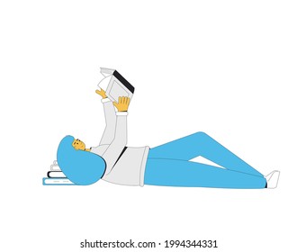 Teenage girl lying with book isolated on white background. Literature fan. Books lover. Young woman reading a novel. Vector color illustration. 