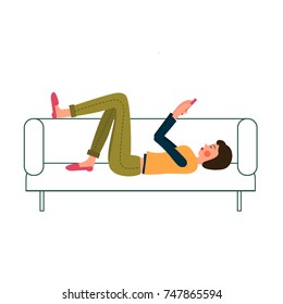 Teenage girl is lying on the couch and chatting network or doing selfie. Cartoon character. Concept  illustration great for web-sites, magazines, books. Vector isolated on white.
