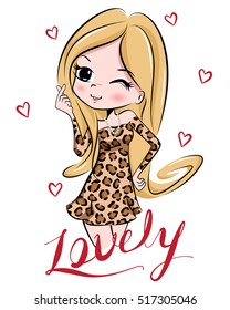 Teenage girl making finger heart sign in charming dress with leopard print isolated on white background illustration vector.