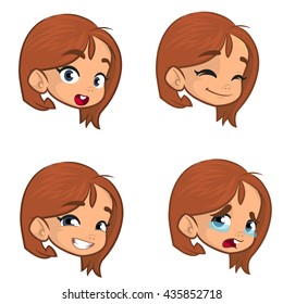 Teenage girl making four different face expressions set. Girl face expressions, vector illustration