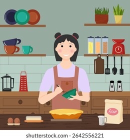Teenage girl making a pie in the kitchen. View of the kitchen with dishes and furniture. Homemade pie, traditional food. Flour, eggs and butter on the table. The girl is whipping cream in a bowl with