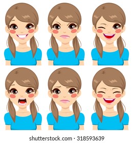 Teenage Girl Making Six Different Face Expressions Set