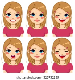 Teenage Girl Making Six Different Face Expressions Set With Pink Shirt