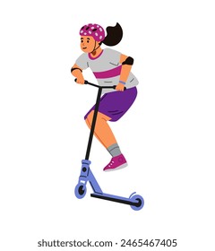 Teenage girl making trick on stunt scooter flat vector illustration isolated on white.