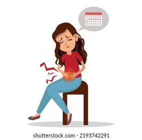 Teenage Girl With Menstrual Cramps, First Menstruation, Girl With Abdominal Pain, Vector Illustration With White Background.