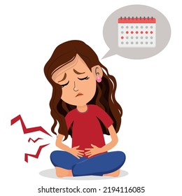 Teenage Girl With Menstrual Cramps, First Menstruation, Girl With Abdominal Pain, Vector Illustration With White Background.