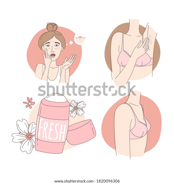 10代の女の子は顔ににきびが見えた 白いピンクのブラジャーを着て 脇の毛 乳房の発達 女性のデオドラント 細い線画のスケッチスタイルでのベクターイラストの落書き のベクター画像素材 ロイヤリティフリー