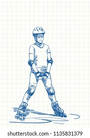 Teenage girl on rollers skating, Blue pen sketch on square grid notebook page, Hand drawn vector illustration