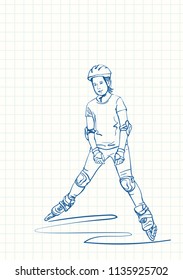 Teenage girl on rollers skating, Blue pen sketch on square grid notebook page, Hand drawn vector linear illustration