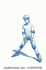 Teenage girl on rollers skating, Blue pen sketch on square grid notebook page, Hand drawn vector illustration