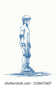 Teenage girl on rollers skating, Blue pen sketch on square grid notebook page, Hand drawn vector illustration