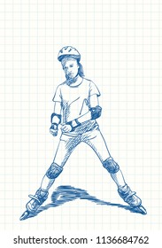 Teenage girl on rollers skating with unhappy face, Blue pen sketch on square grid notebook page, Hand drawn vector illustration