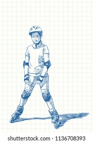 Teenage girl on rollers skating with unhappy face, Blue pen sketch on square grid notebook page, Hand drawn vector illustration