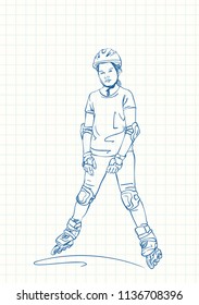 Teenage girl on rollers skating with unhappy face, Blue pen sketch on square grid notebook page, Hand drawn vector linear illustration