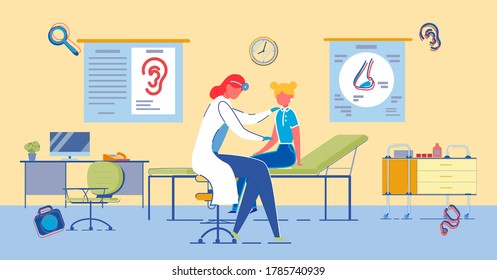 Teenage Girl at Pediatrician or General Practitioner, ENT Specialist Appointment. Children Healthcare and Medical Support with People Characters In Clinic Room Interior. Flat Vector Illustration.