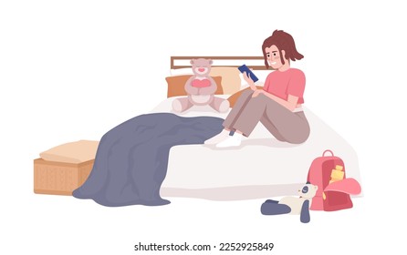 Teenage girl with phone relaxing on bed semi flat color vector character. Editable figure. Full body person on white. Simple cartoon style illustration for web graphic design and animation
