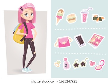 Teenage girl with pink hair. Girl accessory vector objects set.