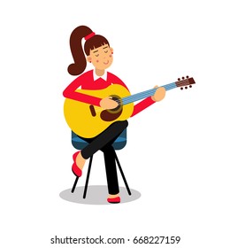 Teenage girl playing an acoustic guitar cartoon character vector Illustration