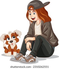 Teenage girl playing with her dog illustration