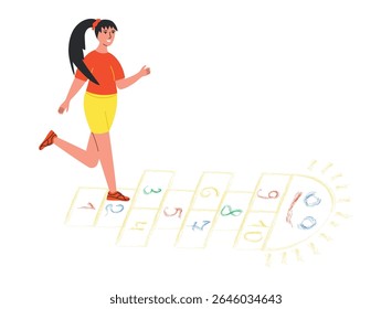 Teenage girl playing hopscotch jumping on squares drawn on the sidewalk asphalt. Happy teenage girl leads an active lifestyle and plays hopscotch in her free time from school. Vector