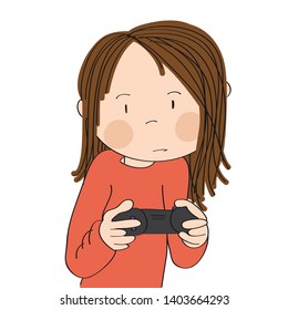 Teenage girl playing video games on game console, holding joystick, being very concentrated. Original hand drawn cartoon illustration.