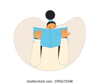 Teenage girl portrait with book isolated on white background. Literature fan. Books lover. Young woman reading a novel. Vector illustration. 