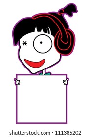 Teenage girl with poster and headphones.
